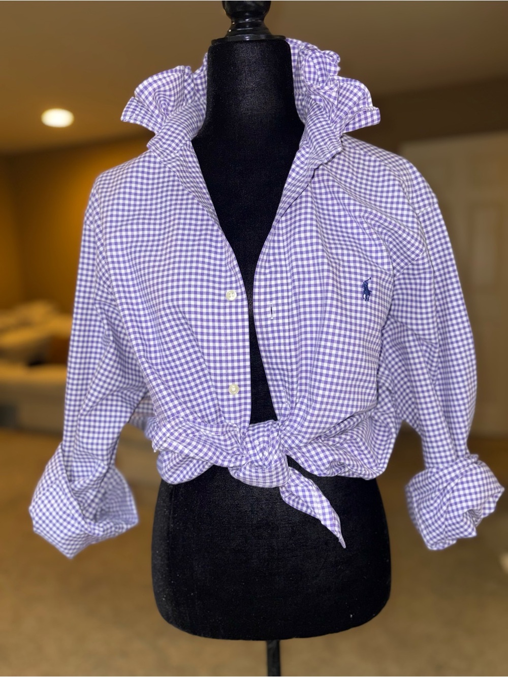 Reworked Ralph Lauren Lilac Gingham Ruffle Collar Button-Down size L